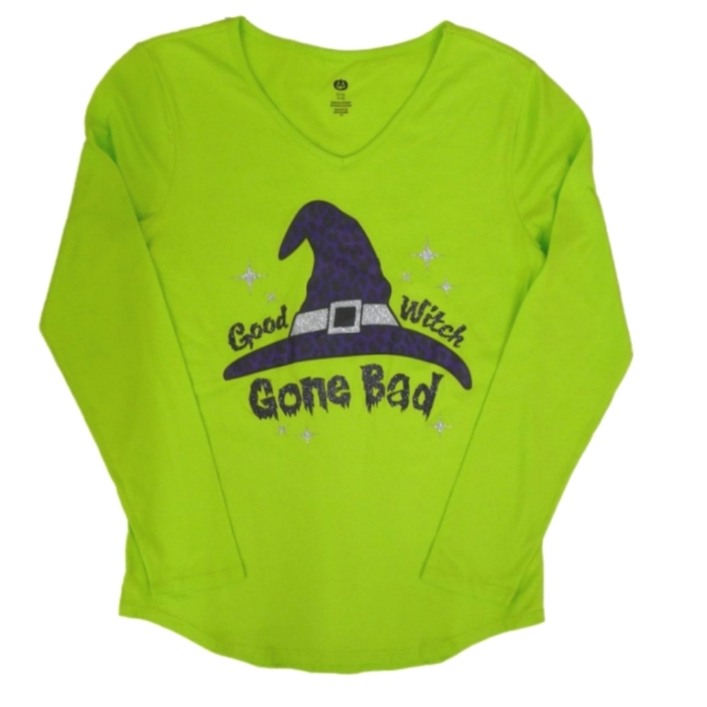 : Nwt neon green Halloween womans Sz Small Long Sleeve Shirt good witch gone bad
